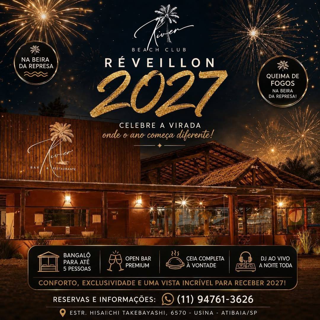 Cartaz Réveillon 2027 no River Beach Club com fogos sobre o restaurante