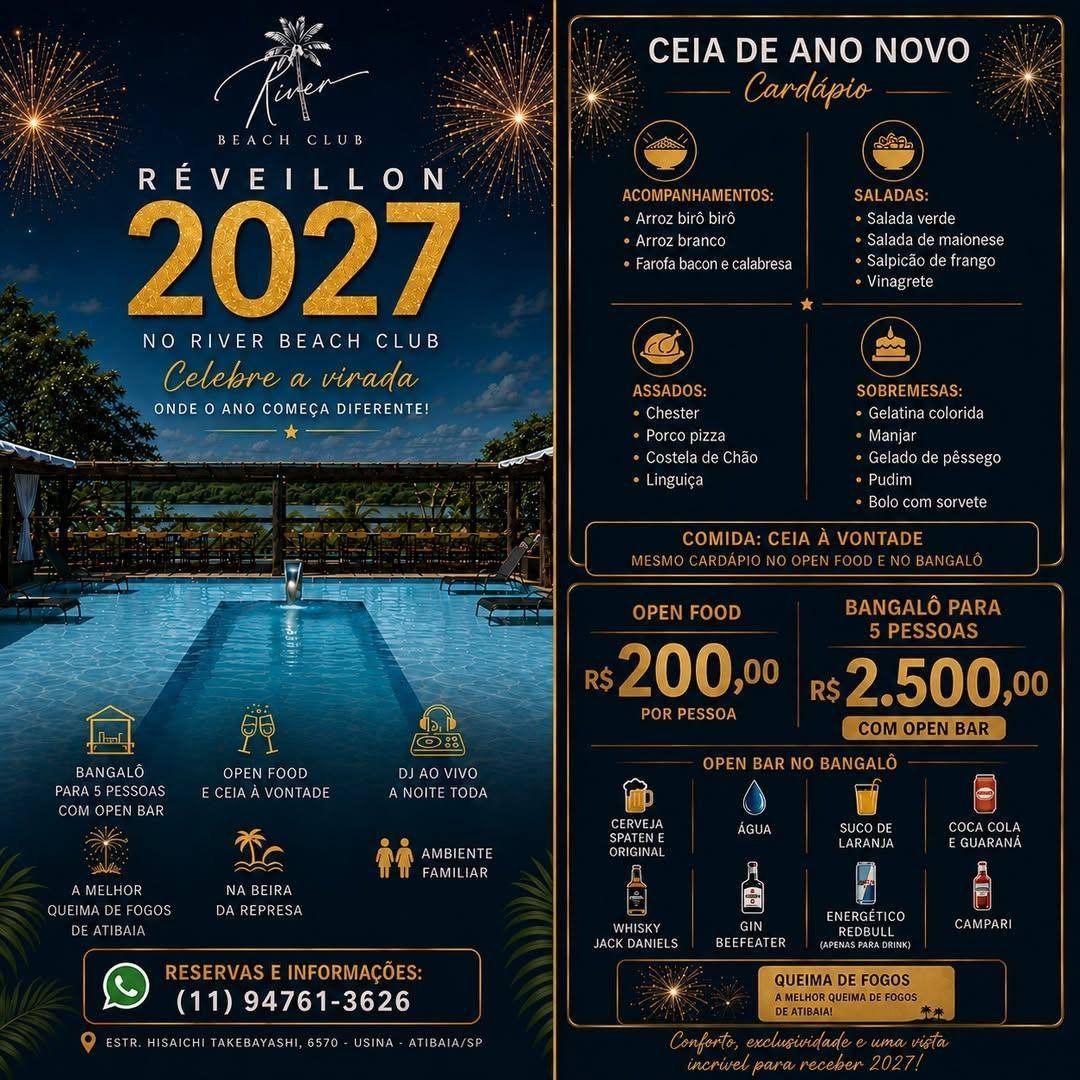 Cardápio da ceia de Ano Novo, open food R$ 200 e bangalô R$ 2.500 com open bar